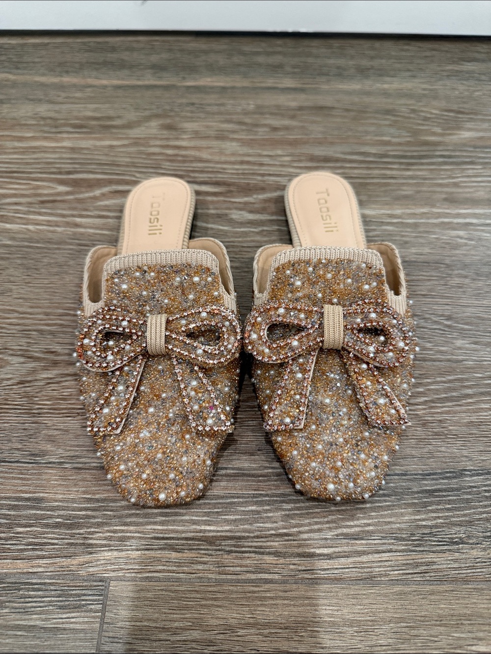 Glitter Bow Slip-On Mules in Beige